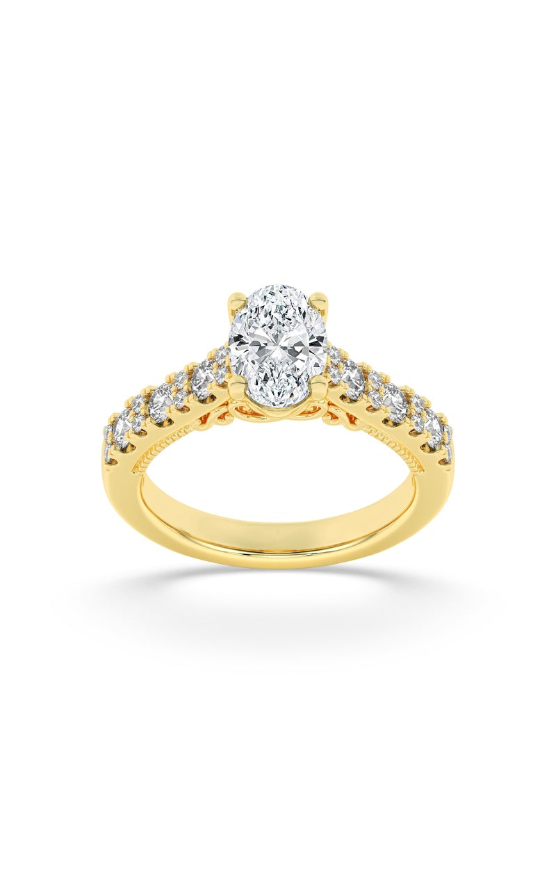 2Cttw Oval Shaped Lab Grown Diamond (F/VS) Accented Milgrain Engagement Ring in 14K Gold