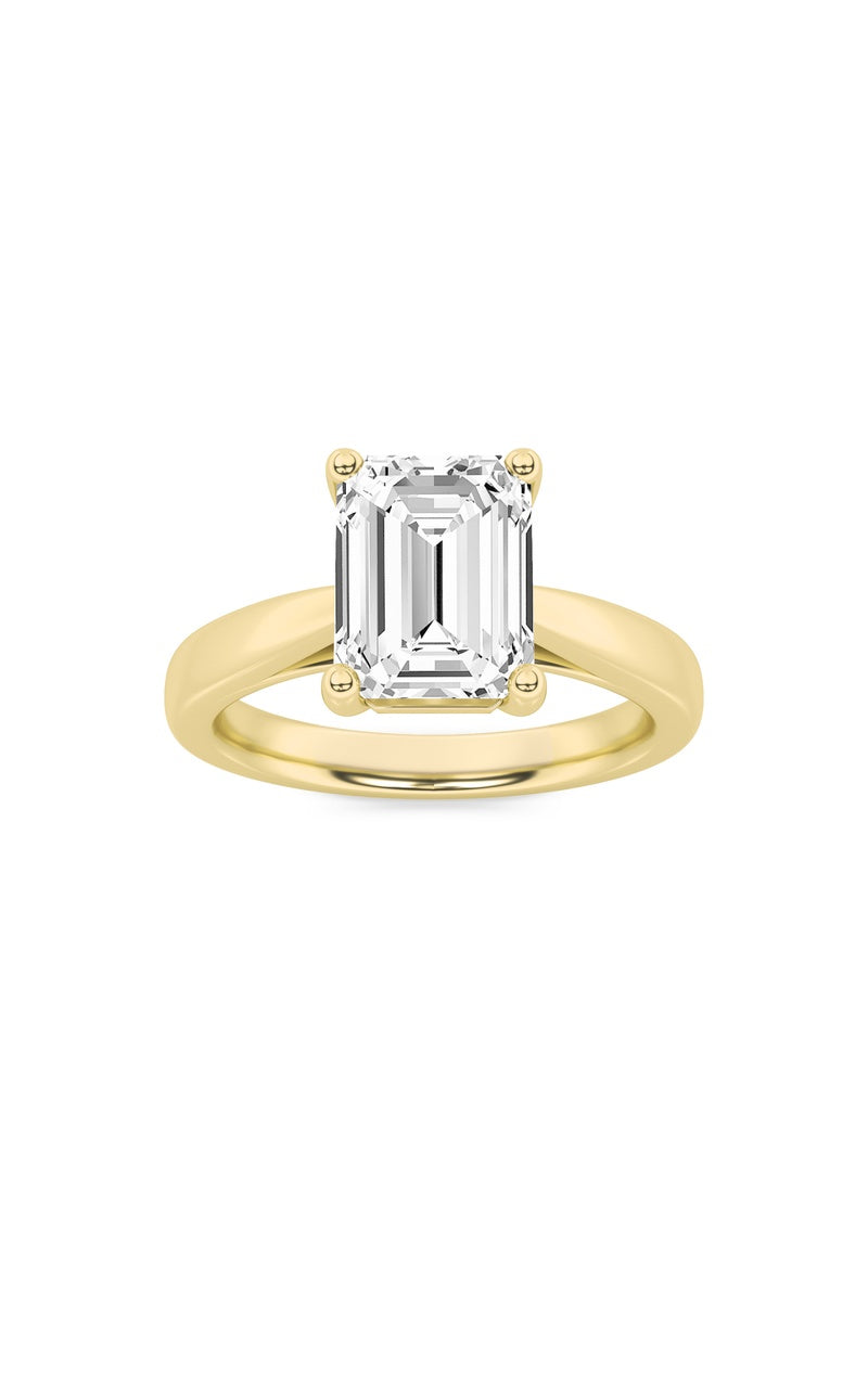 2CTW Emerald Shaped Lab Grown Diamond (F/VS) Plain Cathedral Trellis Shank Solitaire Engagement Ring in 14K Gold