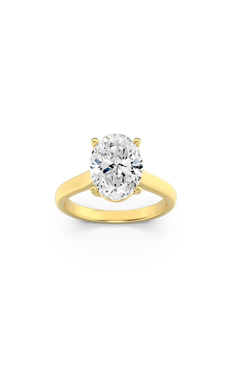 1CTW Oval Shaped Lab Grown Diamond (F/VS) Plain Cathedral Trellis Shank Solitaire Engagement Ring in 14K Gold