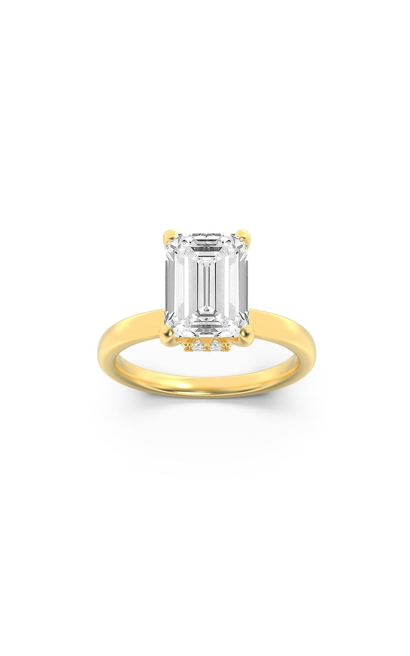2CTW Emerald Shaped Lab Grown Diamond (F/VS) Hidden Halo Plain Shank Engagement Ring in 14K Gold