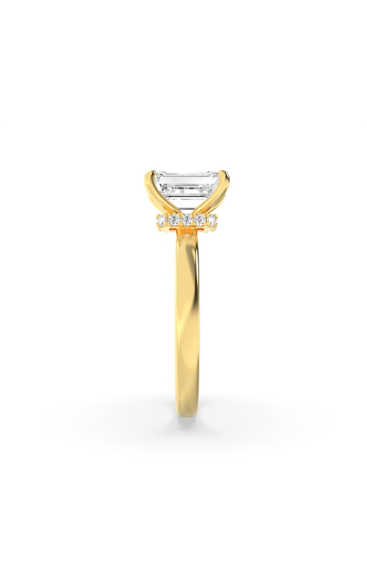 3Cttw Emerald Shaped Lab Grown Diamond (F/VS) Hidden Halo Plain Shank Engagement Ring in 14K Gold