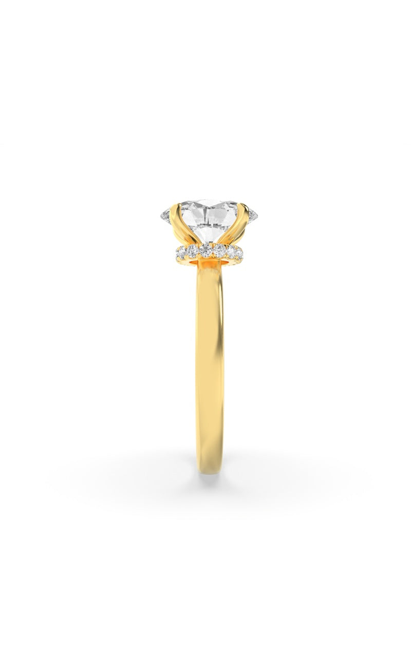 3CTW Oval Shaped Lab Grown Diamond (F/VS) Hidden Halo Plain Shank Engagement Ring in 14K Gold