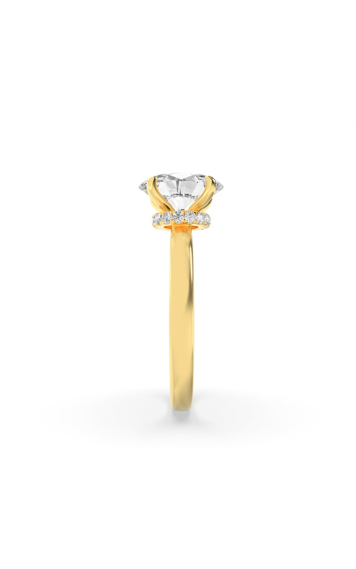 3CTW Oval Shaped Lab Grown Diamond (F/VS) Hidden Halo Plain Shank Engagement Ring in 14K Gold