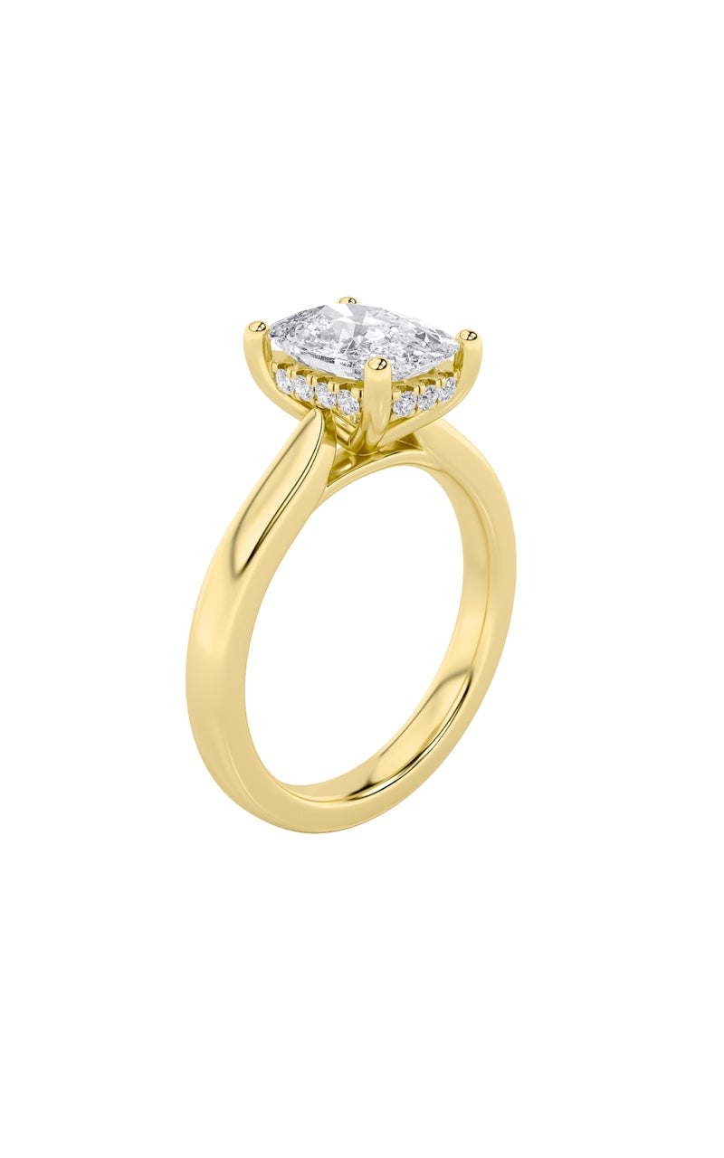 1CTW Elongated Cushion Shaped Lab Grown Diamond (F/VS) Hidden Halo Cathedral Shank Engagement Ring in 14K Gold