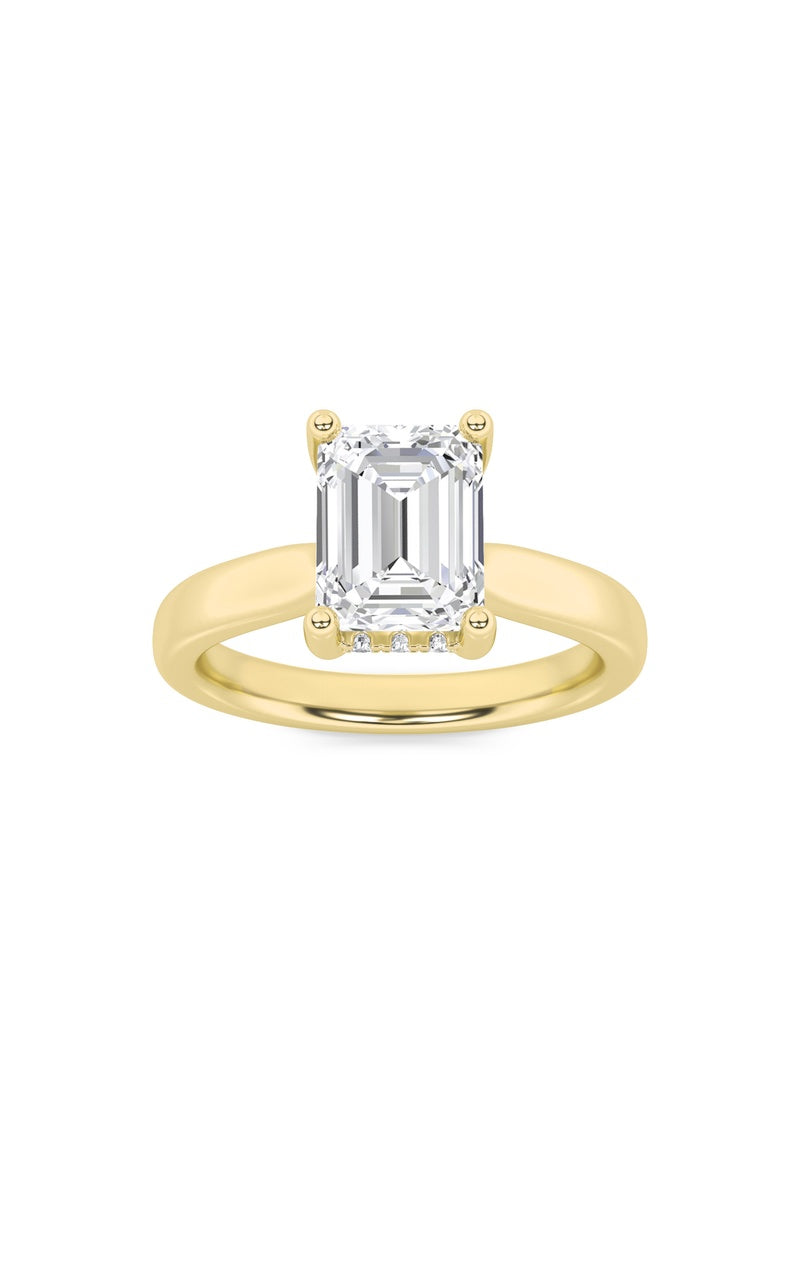 2CTW Emerald Shaped Lab Grown Diamond (F/VS) Hidden Halo Cathedral Shank Engagement Ring in 14K Gold