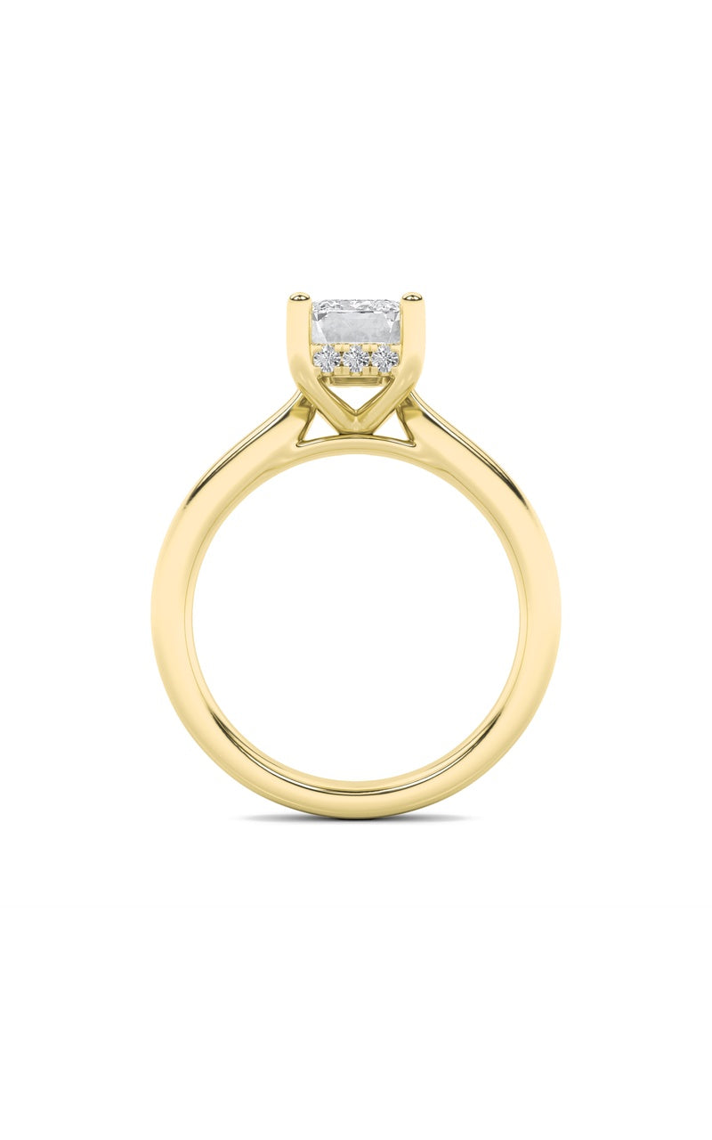 2CTW Emerald Shaped Lab Grown Diamond (F/VS) Hidden Halo Cathedral Shank Engagement Ring in 14K Gold