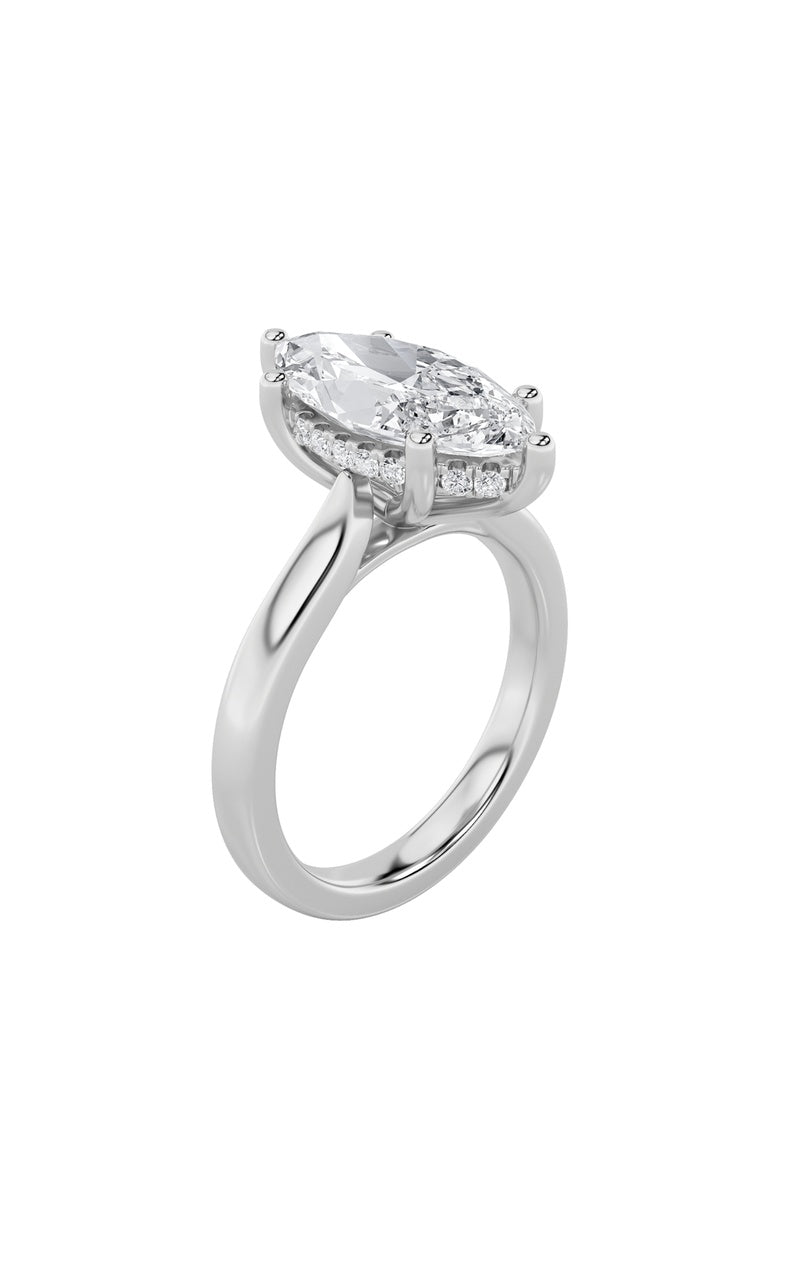 2Cttw Marquise Shaped Lab Grown Diamond (F/VS) Hidden Halo Cathedral Shank Engagement Ring in 14K Gold