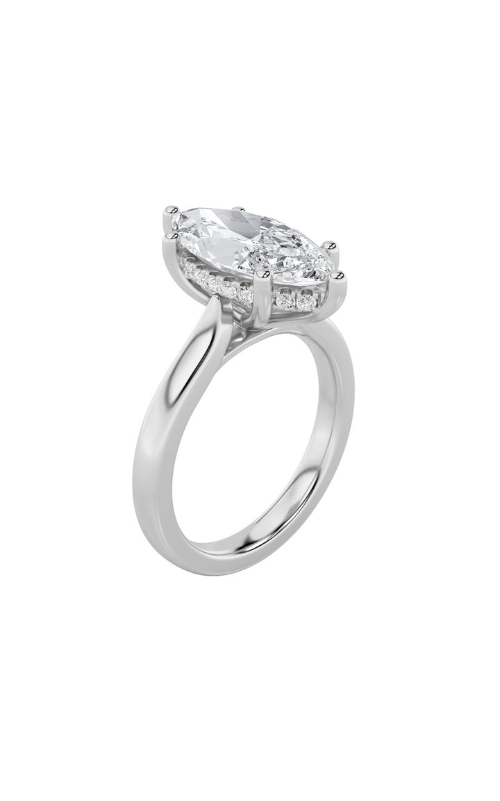 2CTW Marquise Shaped Lab Grown Diamond (F/VS) Hidden Halo Cathedral Shank Engagement Ring in 14K Gold
