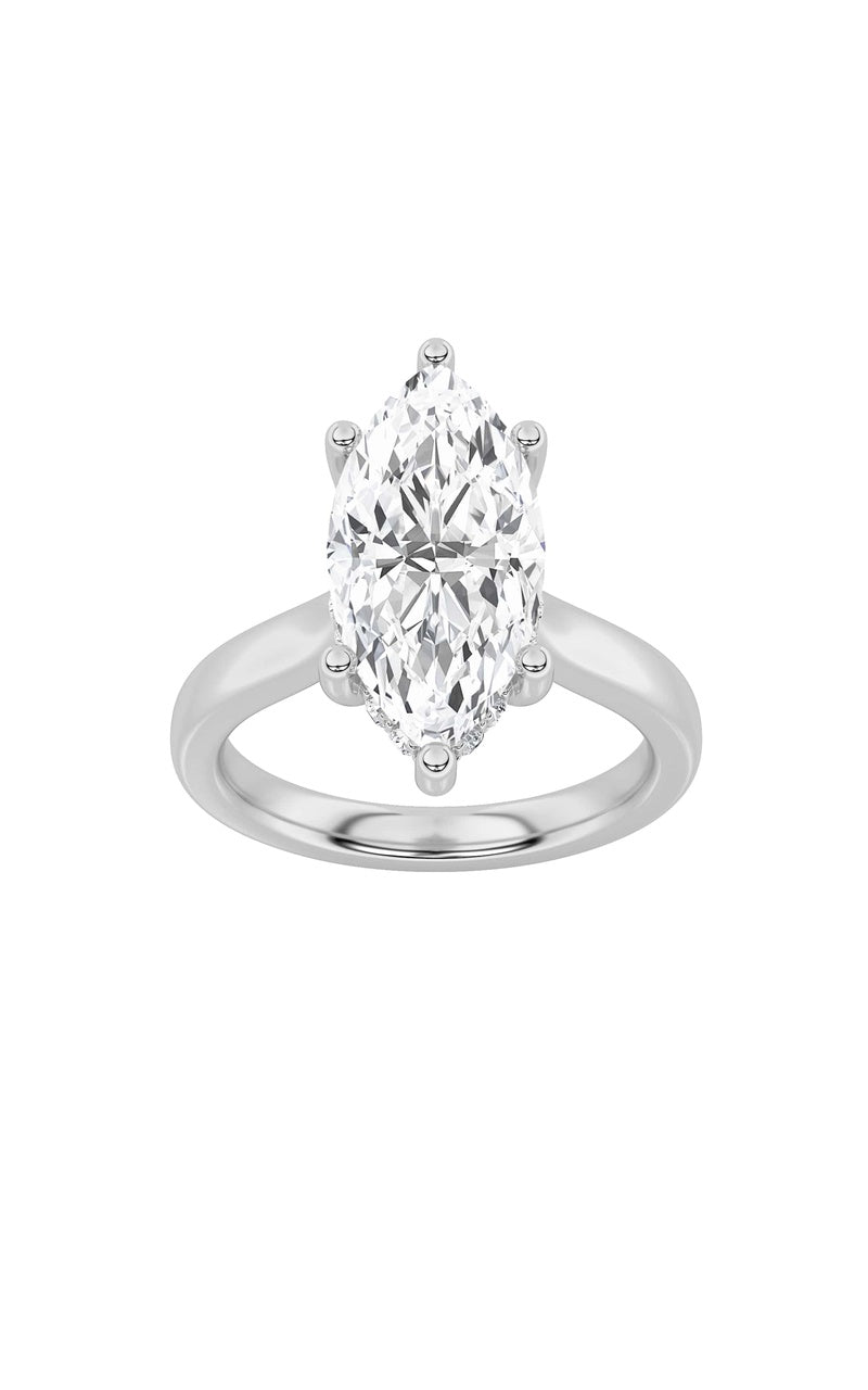 3CTW Marquise Shaped Lab Grown Diamond (F/VS) Hidden Halo Cathedral Shank Engagement Ring in 14K Gold