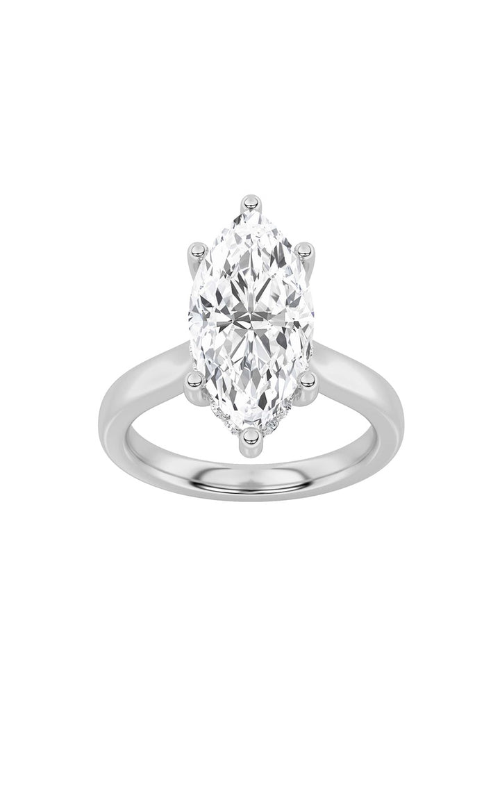 3CTW Marquise Shaped Lab Grown Diamond (F/VS) Hidden Halo Cathedral Shank Engagement Ring in 14K Gold