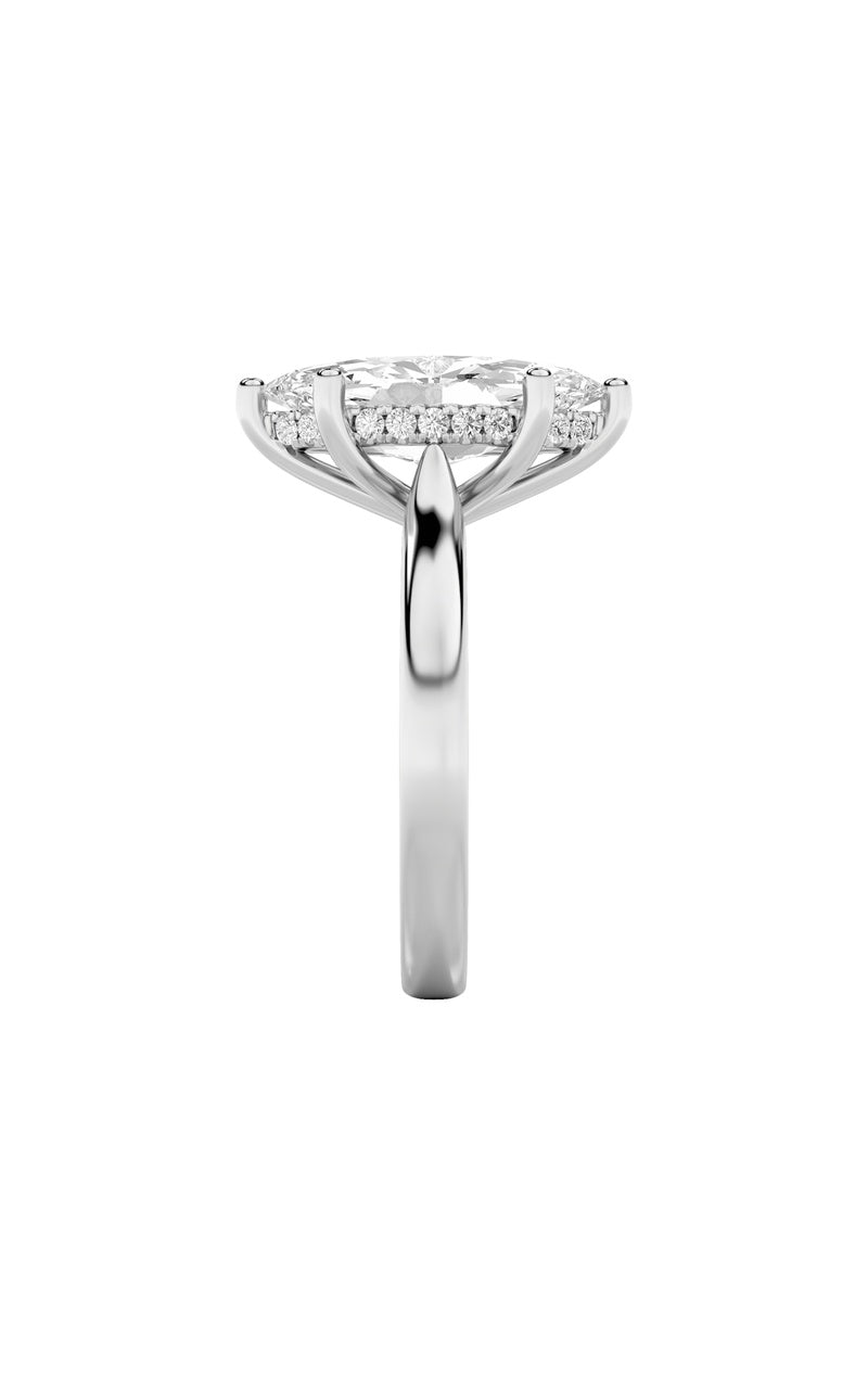 3CTW Marquise Shaped Lab Grown Diamond (F/VS) Hidden Halo Cathedral Shank Engagement Ring in 14K Gold