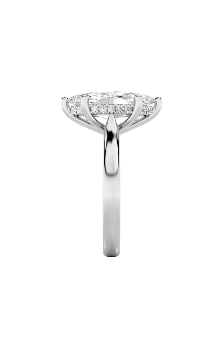 3CTW Marquise Shaped Lab Grown Diamond (F/VS) Hidden Halo Cathedral Shank Engagement Ring in 14K Gold
