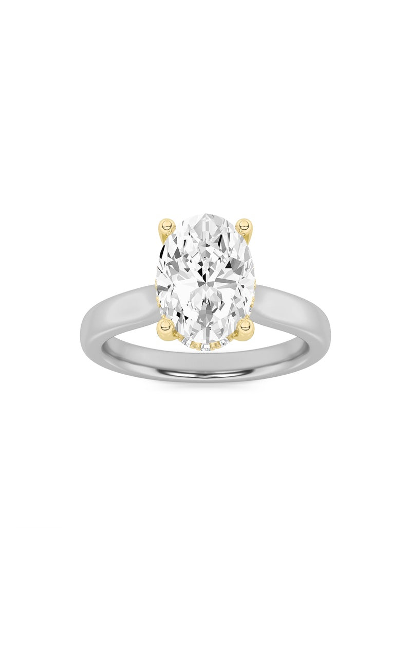 2CTW Oval Shaped Lab Grown Diamond (F/VS) Hidden Halo Cathedral Shank Engagement Ring in 14K Gold