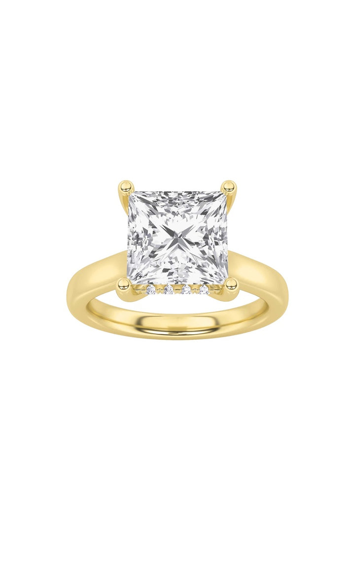 3Cttw Princess Shaped Lab Grown Diamond (F/VS) Hidden Halo Cathedral Shank Engagement Ring in 14K Gold