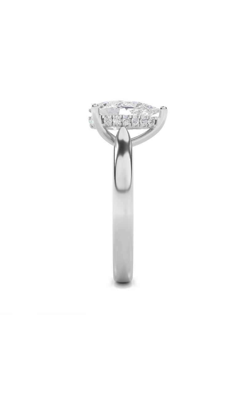1CTW Pear Shaped Lab Grown Diamond (F/VS) Hidden Halo Cathedral Shank Engagement Ring in 14K Gold