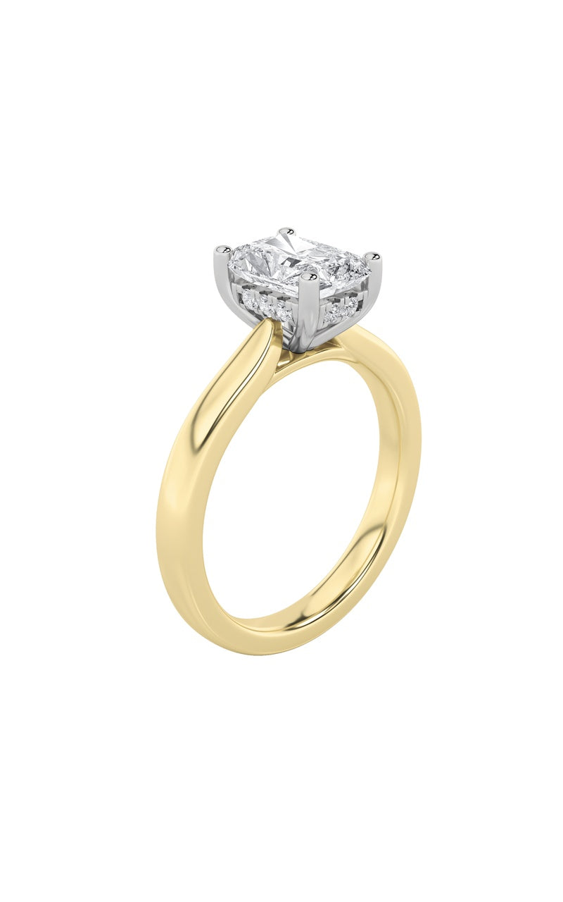 3CTW Radiant Shaped Lab Grown Diamond (F/VVS) Hidden Halo Cathedral Shank Engagement Ring in 14K Gold