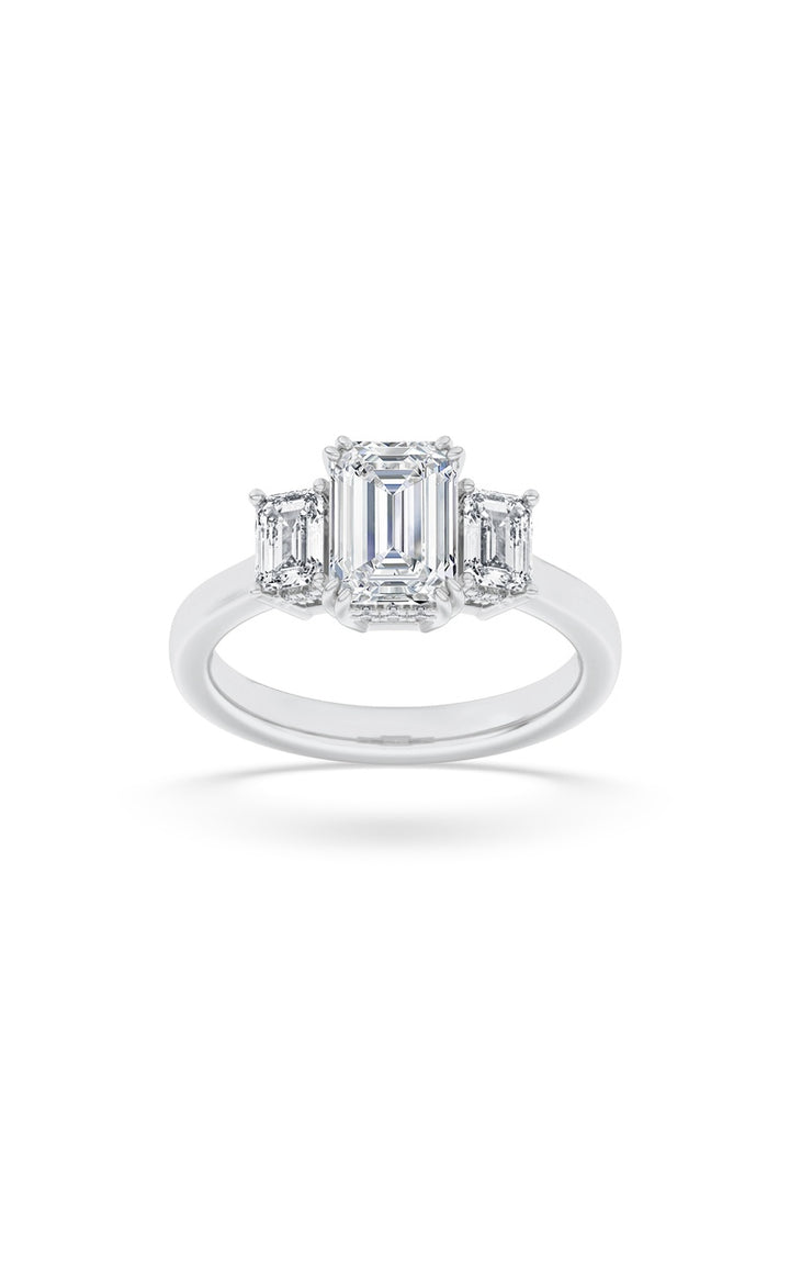 3Cttw Emerald Shaped Lab Grown Diamond (F/VS) Three Stone Accented Ring in 14K Gold