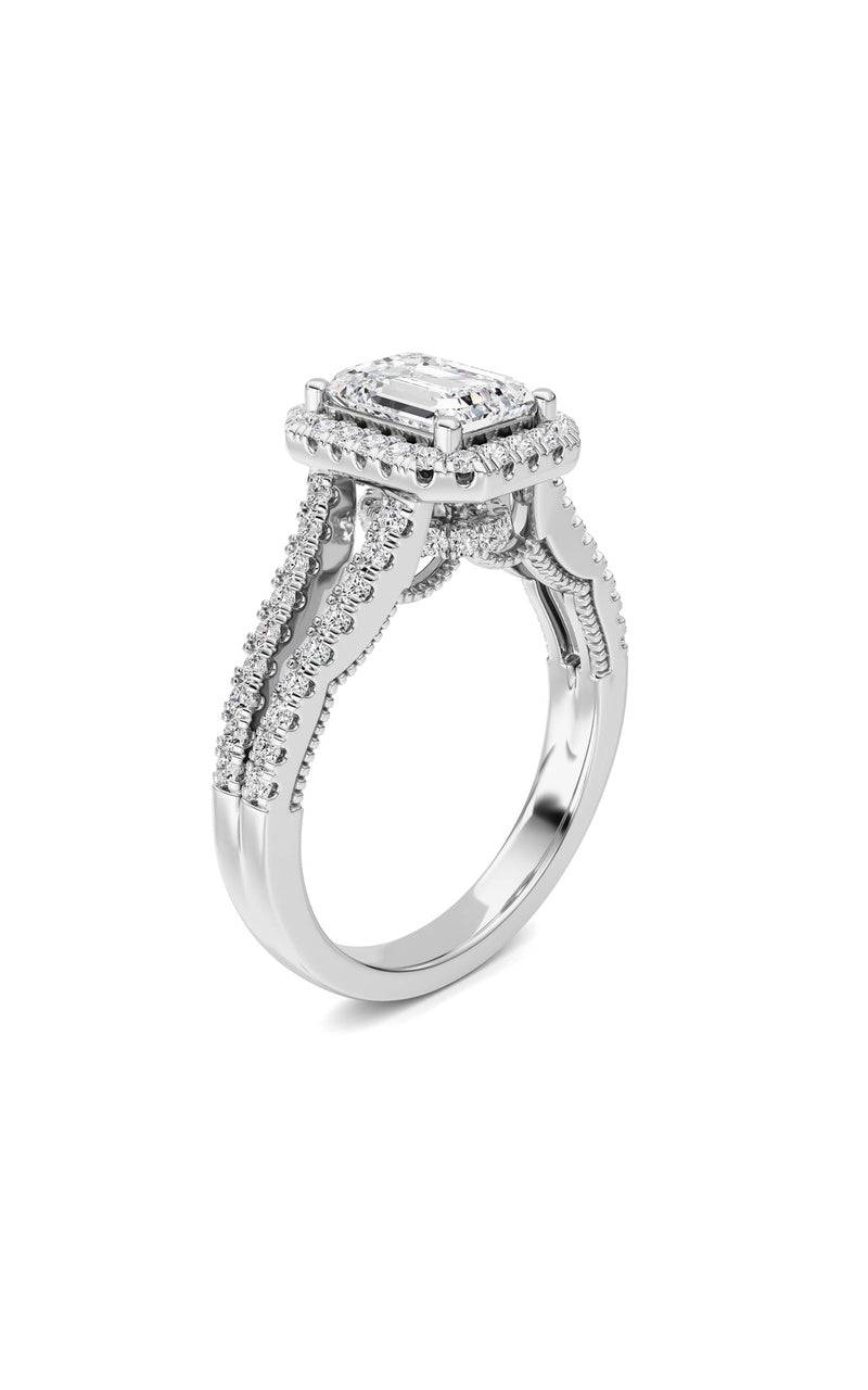 2CTW Emerald Shaped Lab Grown Diamond (F/VS) Split shank Accented Ring in 14K Gold