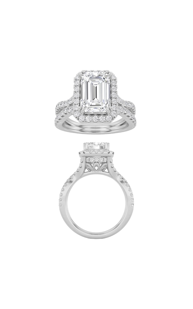 3CTW Emerald Shaped Lab Grown Diamond (F/VS) Split shank Accented Ring in 14K Gold