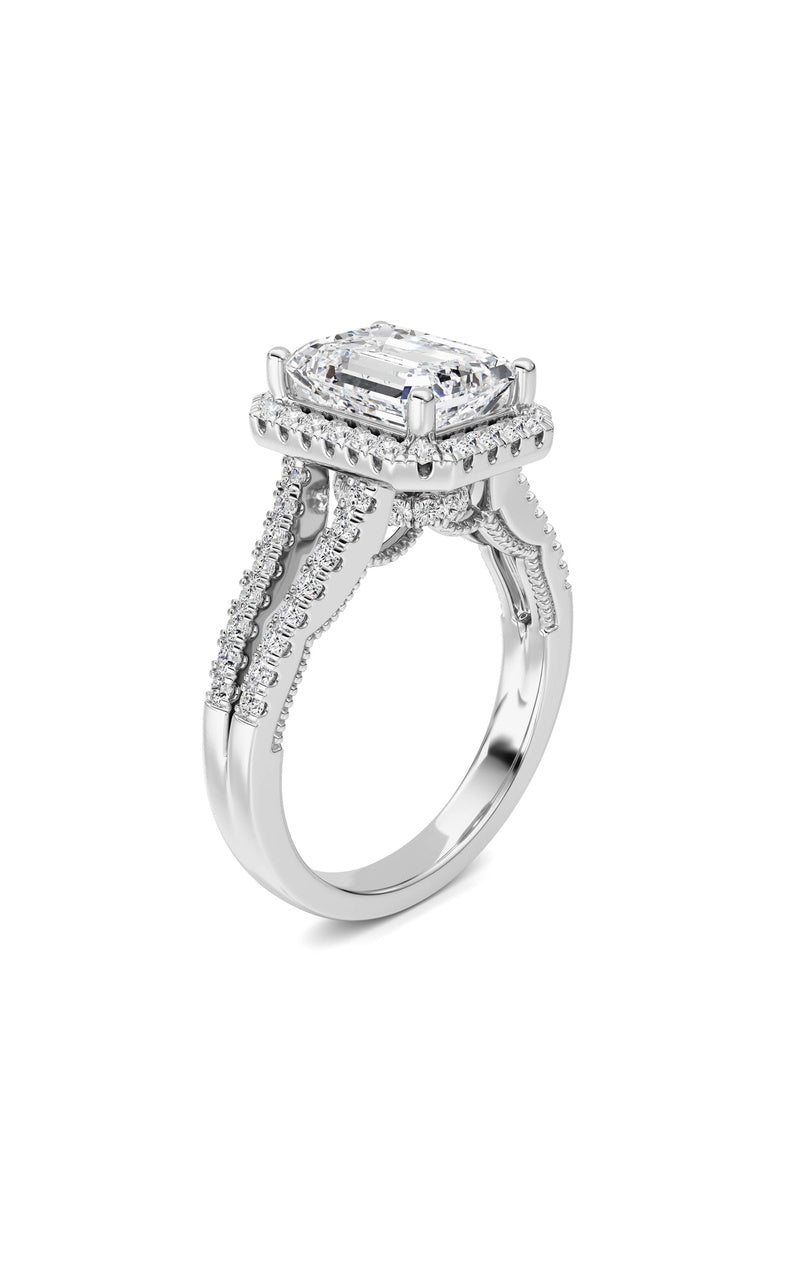 3CTW Emerald Shaped Lab Grown Diamond (F/VS) Split shank Accented Ring in 14K Gold