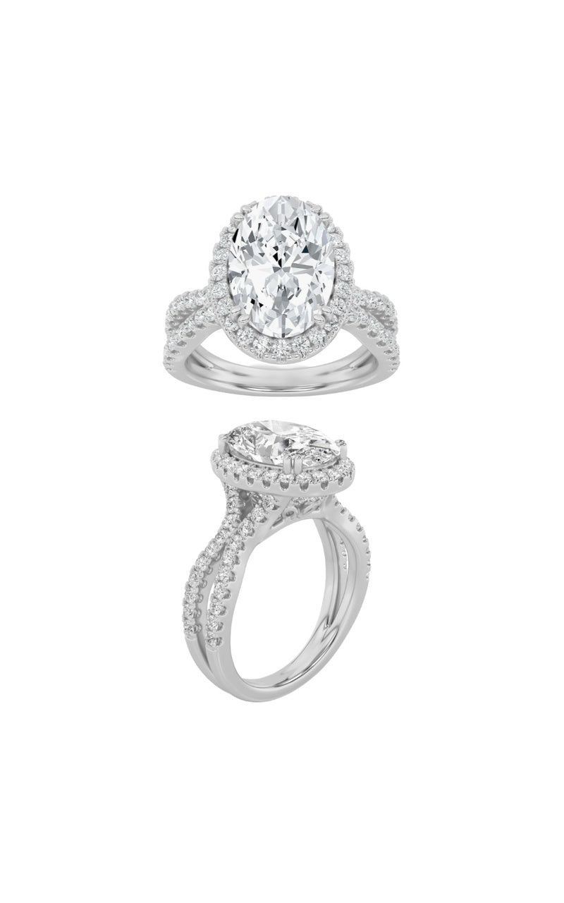 2CTW Oval Shaped Lab Grown Diamond (F/VS) Split shank Accented Ring in 14K Gold