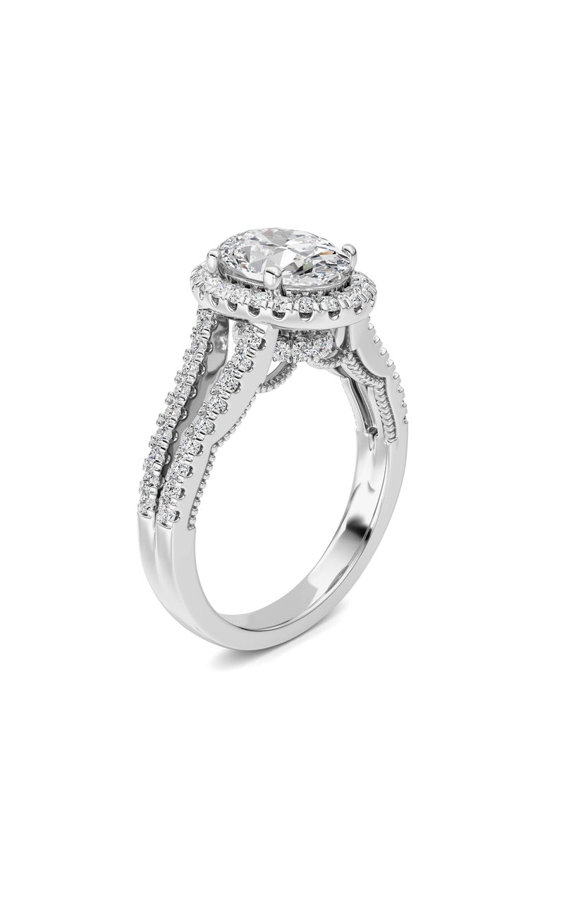 2CTW Oval Shaped Lab Grown Diamond (F/VS) Split shank Accented Ring in 14K Gold