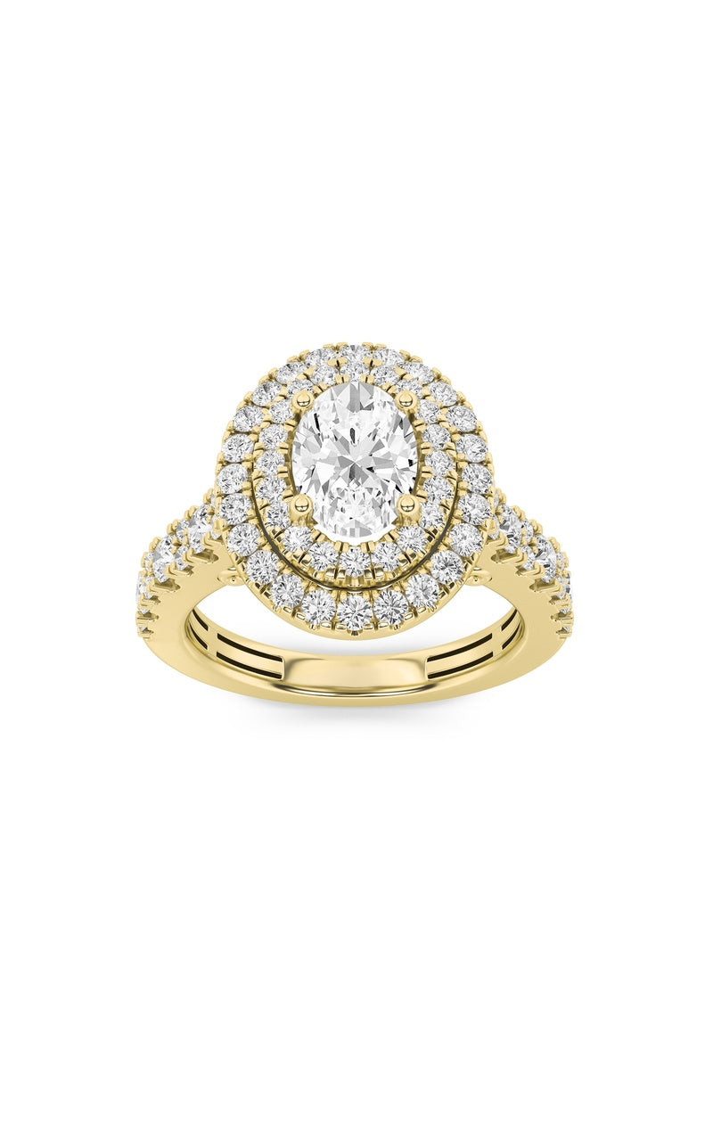 2CTW Oval Shaped Lab Grown Diamond (F/VS) Double Halo Engagement Ring in 14K Gold, 14K Yellow Gold