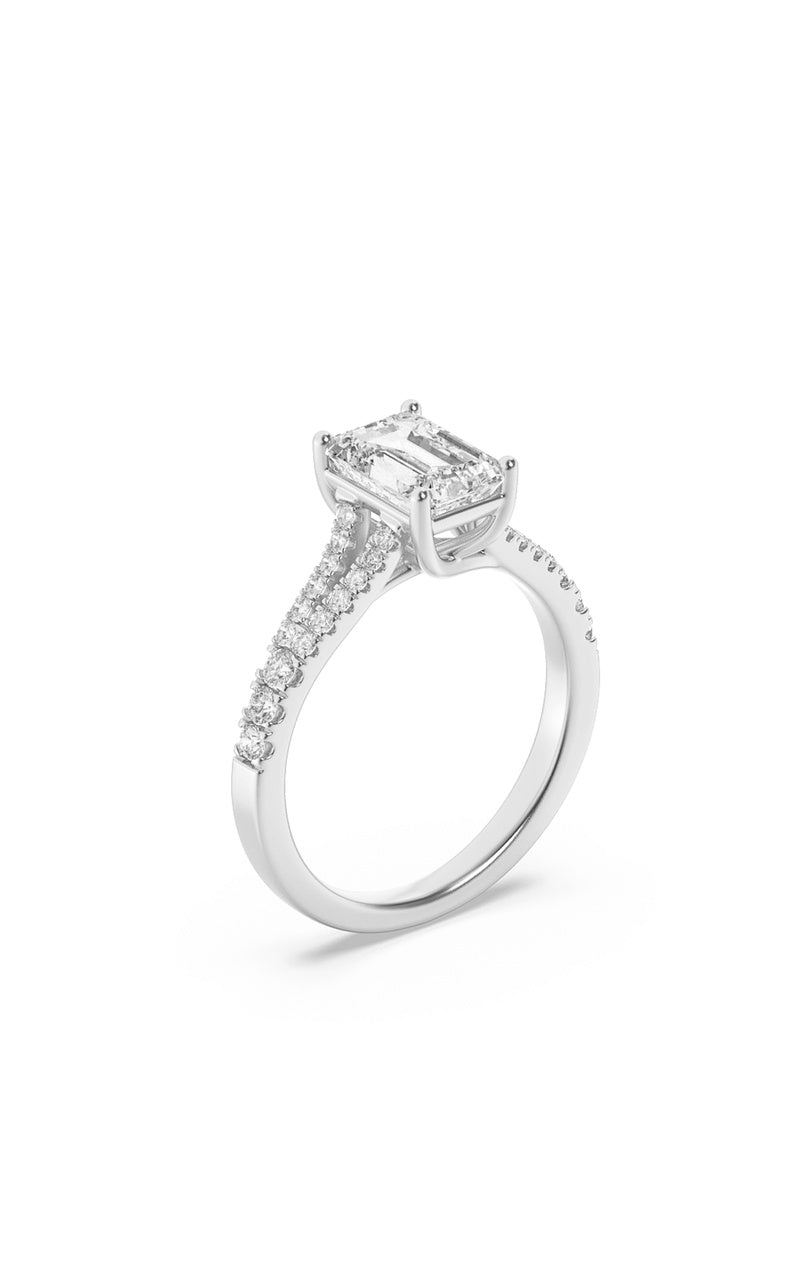 4CTW Emerald Shaped Lab Grown Diamond (F/VS) Split Shank Trellis Engagement Ring in 14K Gold