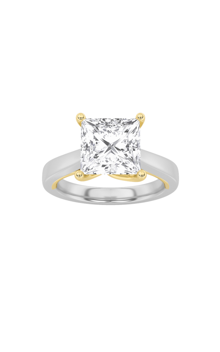 3CTW Princess Shaped Lab Grown Diamond (F/VS) Two Tone Twisted Basket Cathedral Shank Solitaire Ring in 14K Gold