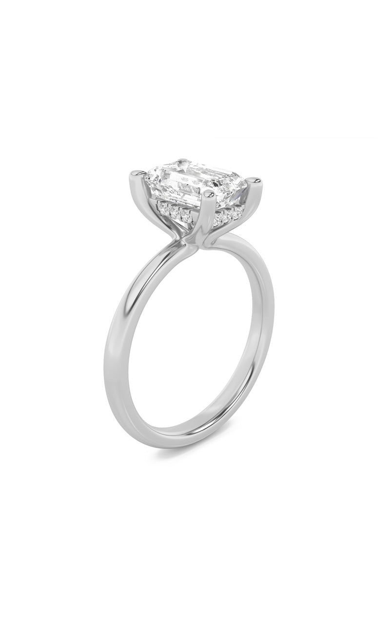 2CTW Emerald Shaped Lab Grown Diamond (F/VS) Hidden Halo Petite Shank Ring in 14K Gold