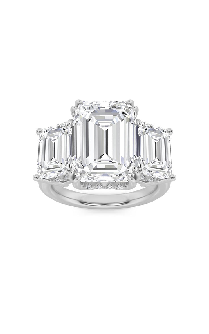 8.25Cttw Emerald Shaped Lab Grown Diamond (F/VS) Bold Three Stone Accented Ring in 14K Gold