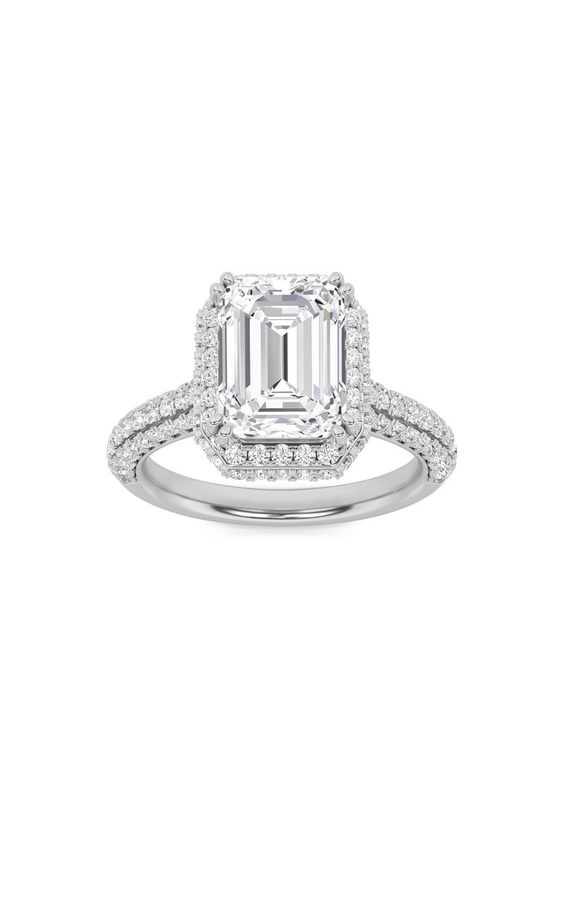 3CTW Emerald Shaped Lab Grown Diamond (F/VS) Halo Accented Engagement Ring in 14K Gold