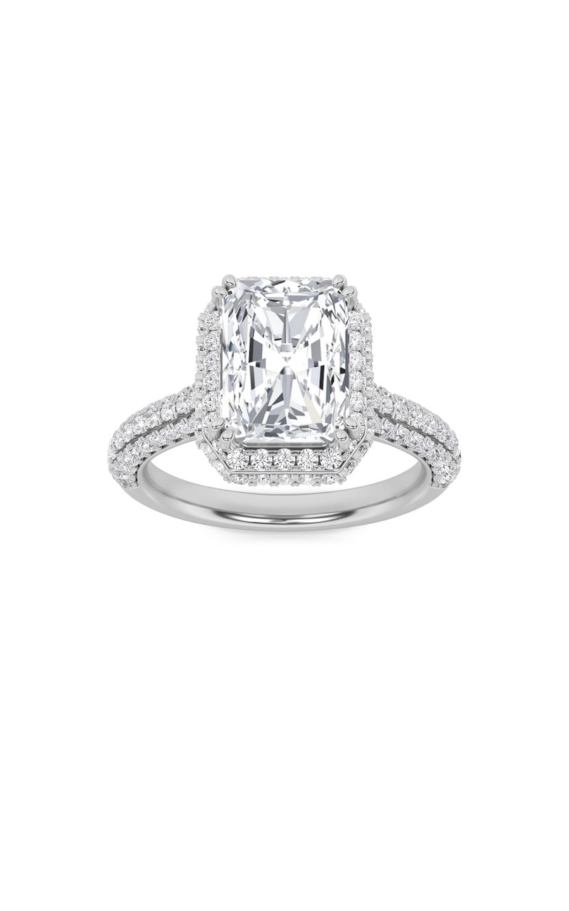 3Cttw Radiant Shaped Lab Grown Diamond (F/VS) HaloAccented Engagement Ring in 14K Gold