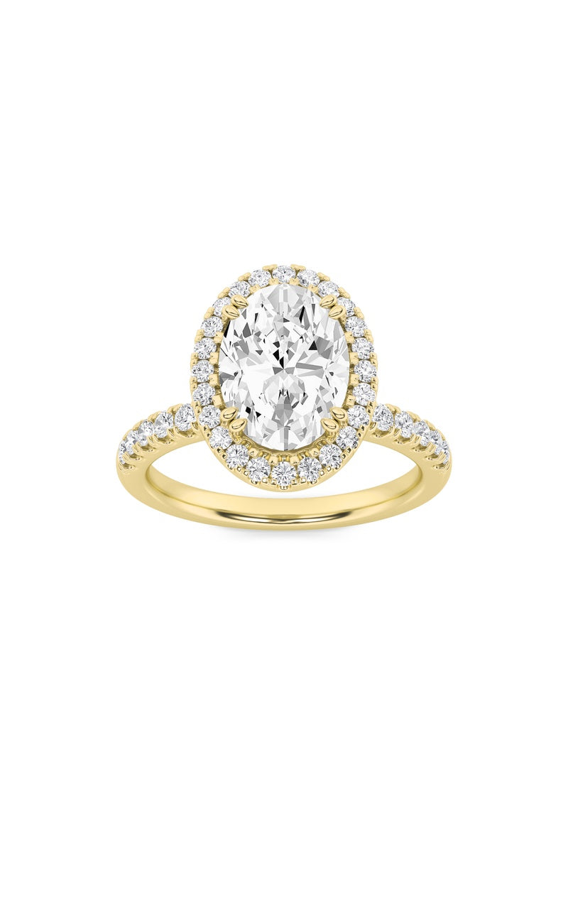 3CTW Oval Shaped Lab Grown Diamond (F/VS) Halo Accented Engagement Ring in 14K Gold