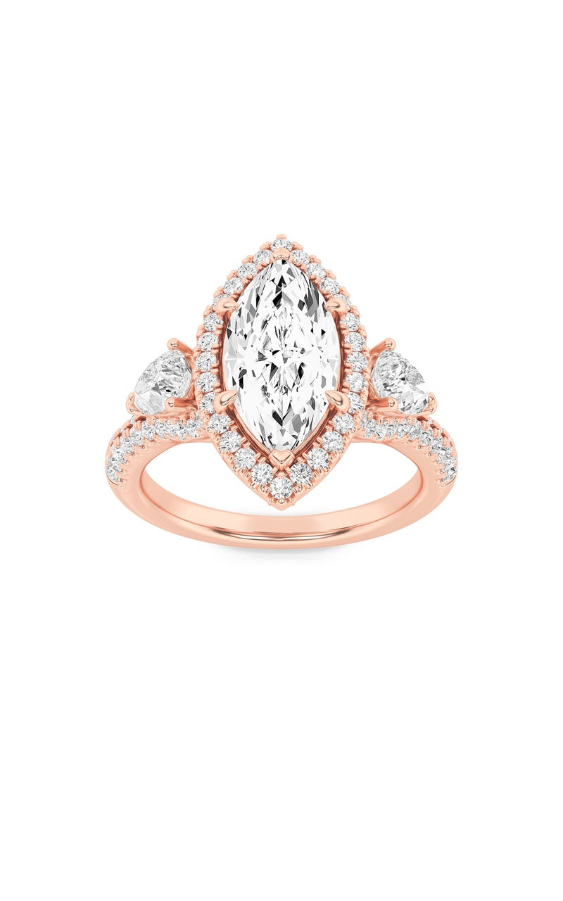 3Cttw Marquise Shaped Lab Grown Diamond (F/VS) Three Stone Bold Accented Engagement Ring in 14K Gold