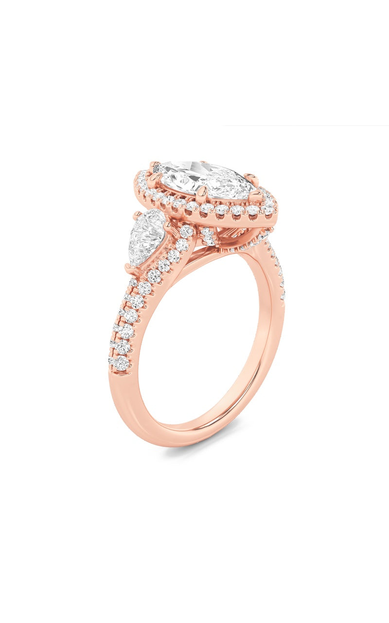 3Cttw Marquise Shaped Lab Grown Diamond (F/VS) Three Stone Bold Accented Engagement Ring in 14K Gold