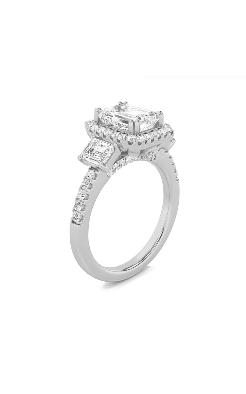 3CTW Emerald Shaped Lab Grown Diamond (G/VS) Three Stone Accented Engagement Ring in 14K Gold