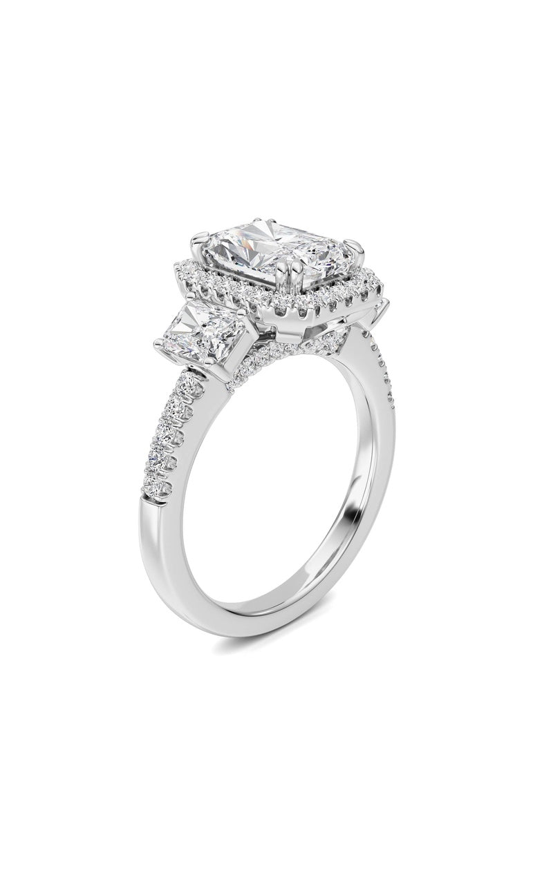 3Cttw Radiant Shaped Lab Grown Diamond (F/VS) Accented Three Stone Ring in 14K Gold