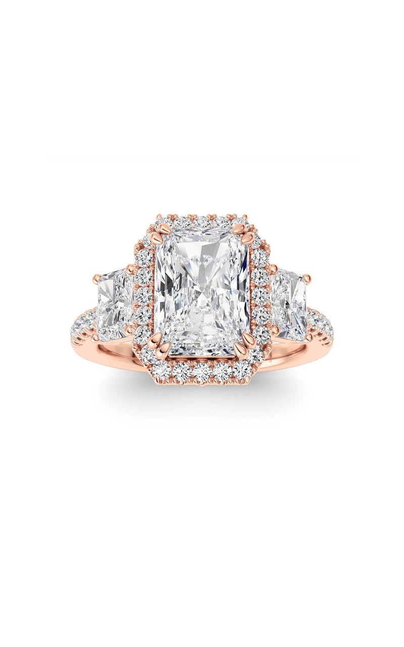 3Cttw Radiant Shaped Lab Grown Diamond (F/VS) Accented Three Stone Ring in 14K Gold