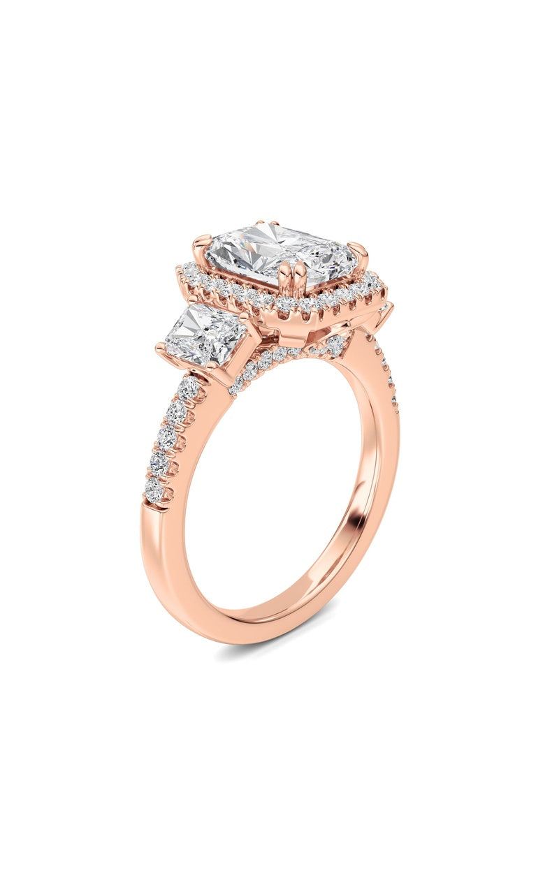 3CTW Radiant Shaped Lab Grown Diamond (F/VS) Accented Three Stone Ring in 14K Gold, 14K Rose Gold