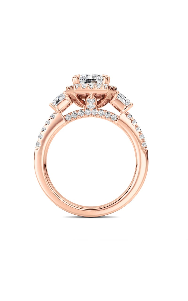 3CTW Radiant Shaped Lab Grown Diamond (F/VS) Accented Three Stone Ring in 14K Gold, 14K Rose Gold