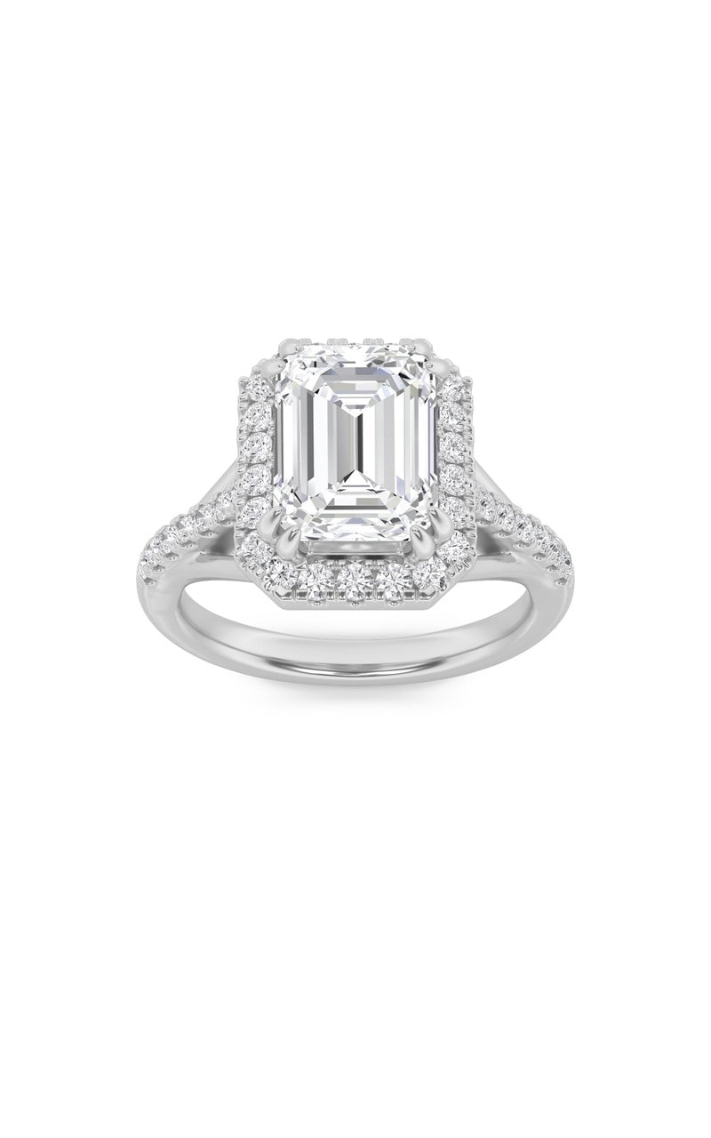 3Cttw Emerald Shaped Lab Grown Diamond (F/VS) HaloAccented Engagement Ring in 14K Gold