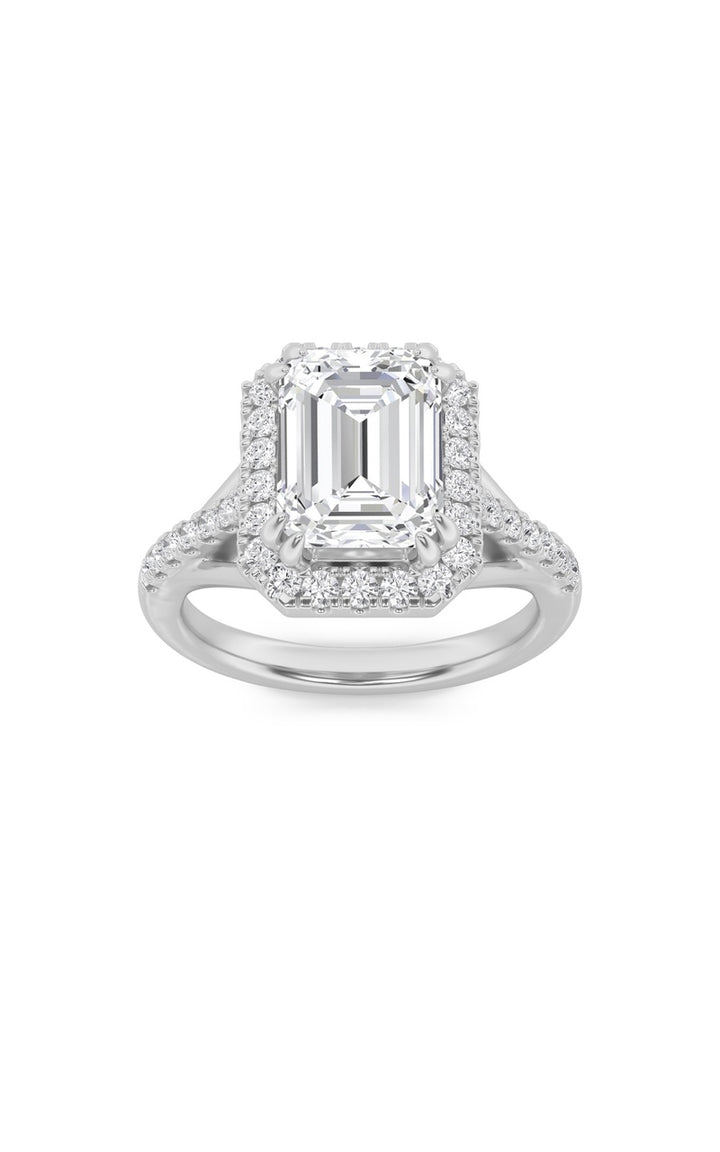 3CTW Emerald Shaped Lab Grown Diamond (F/VS) Halo Accented Engagement Ring in 14K Gold