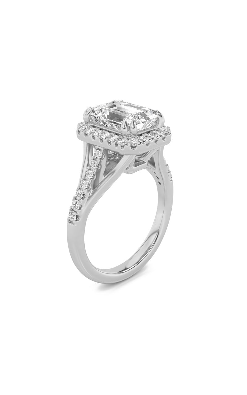 3CTW Emerald Shaped Lab Grown Diamond (F/VS) Halo Accented Engagement Ring in 14K Gold