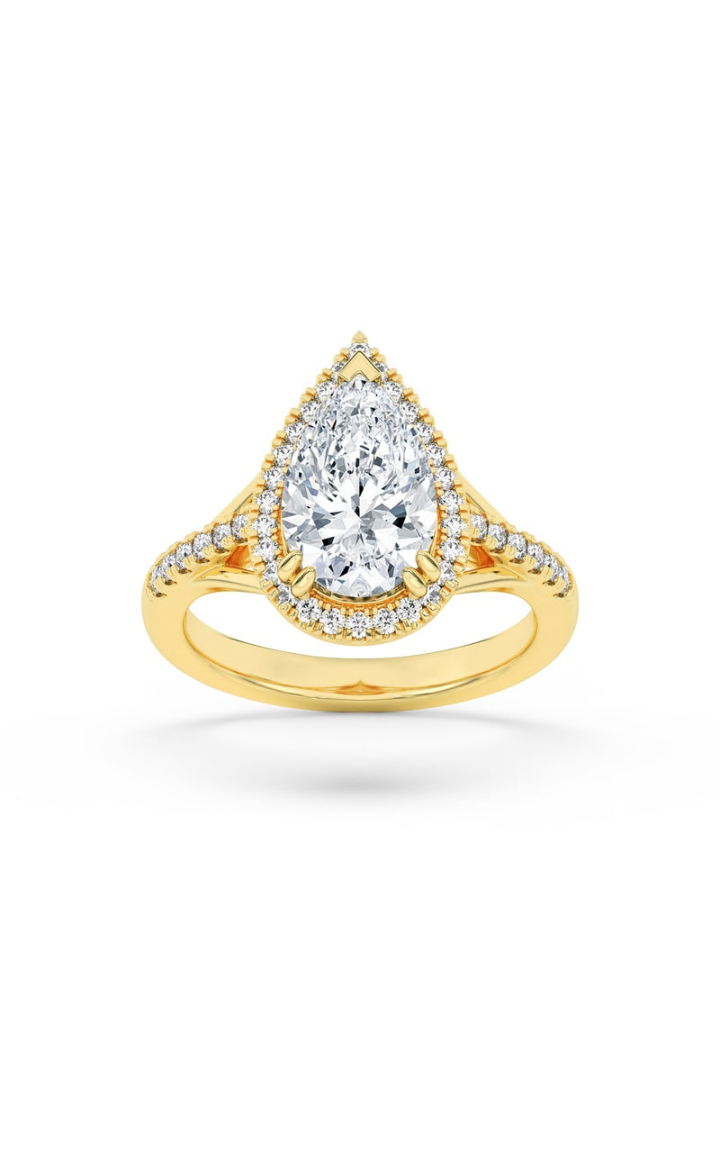 3Cttw Pear Shaped Lab Grown Diamond (F/VS) Halo Accented Engagement Ring in 14K Gold