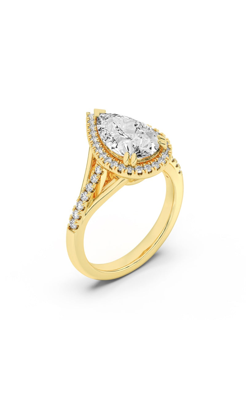 3Cttw Pear Shaped Lab Grown Diamond (F/VS) Halo Accented Engagement Ring in 14K Gold