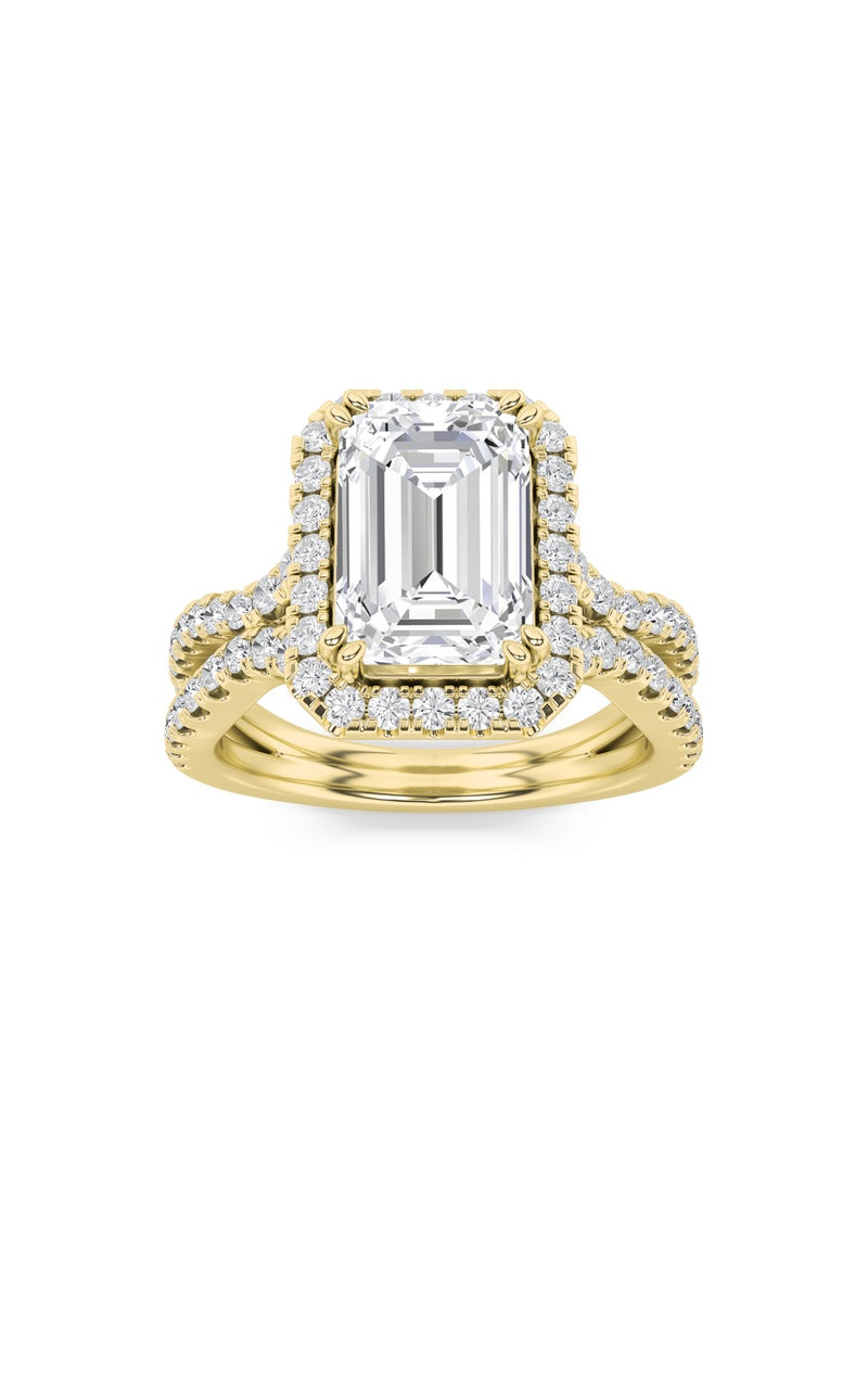 4CTW Emerald Shaped Lab Grown Diamond (F/VS) Split Shank Halo Engagement Ring in 14K Gold