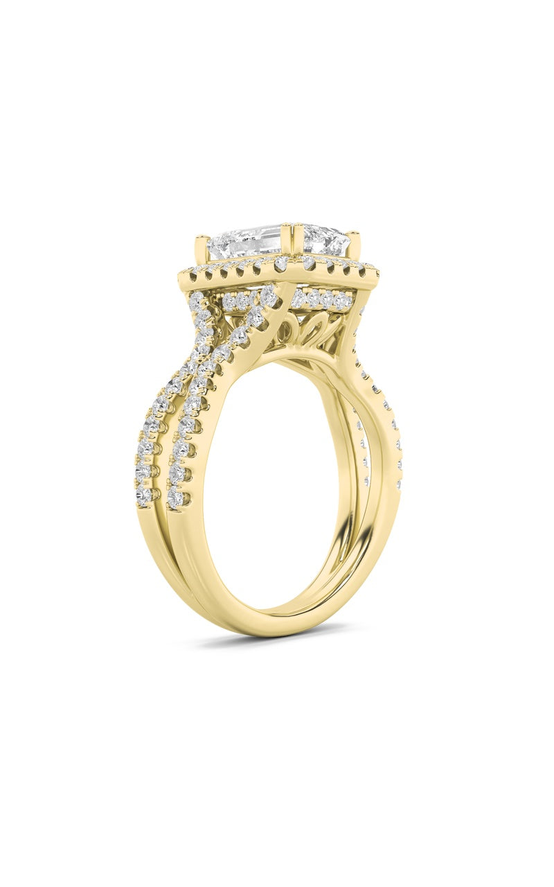 4CTW Emerald Shaped Lab Grown Diamond (F/VS) Split Shank Halo Engagement Ring in 14K Gold