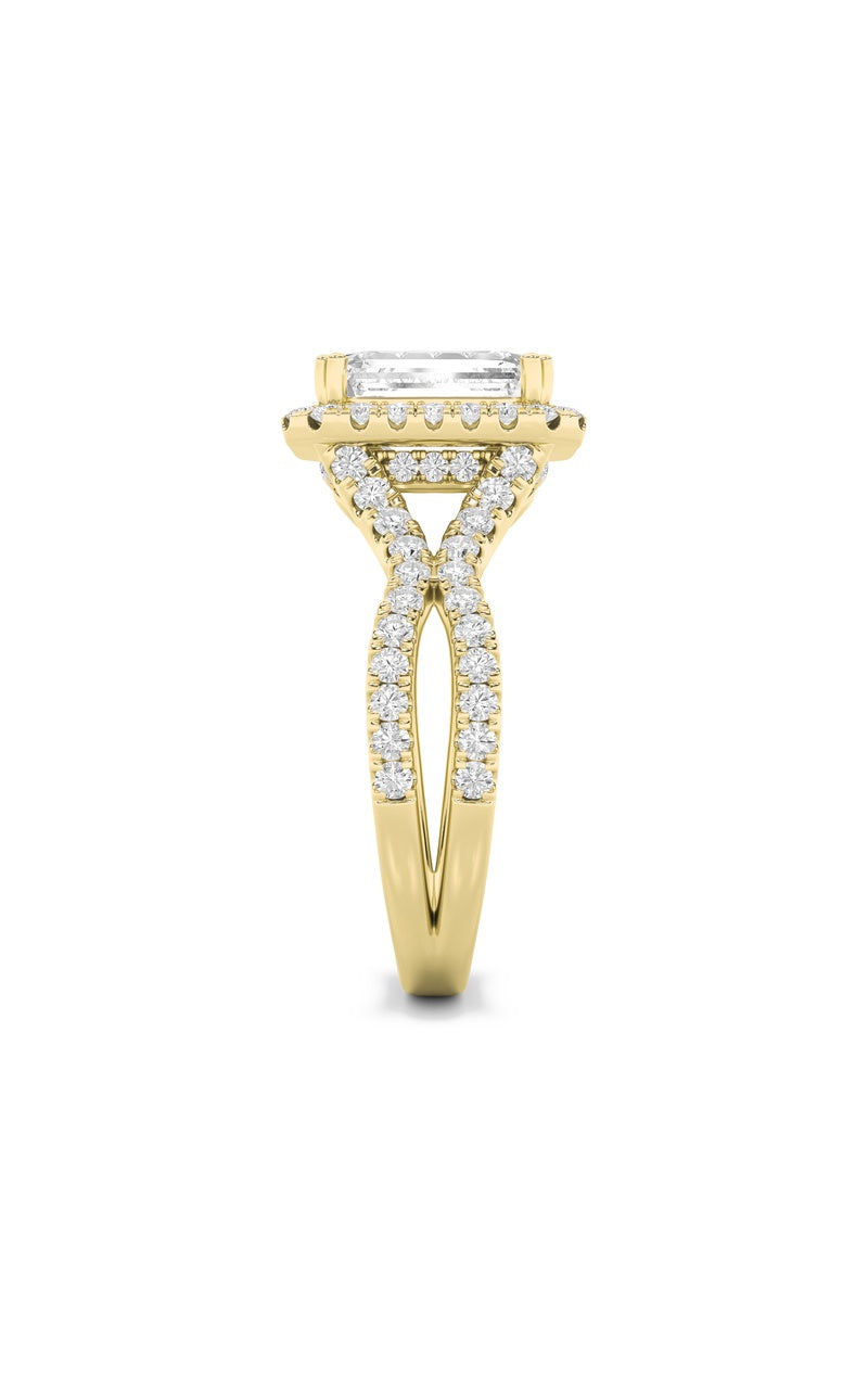 4CTW Emerald Shaped Lab Grown Diamond (F/VS) Split Shank Halo Engagement Ring in 14K Gold