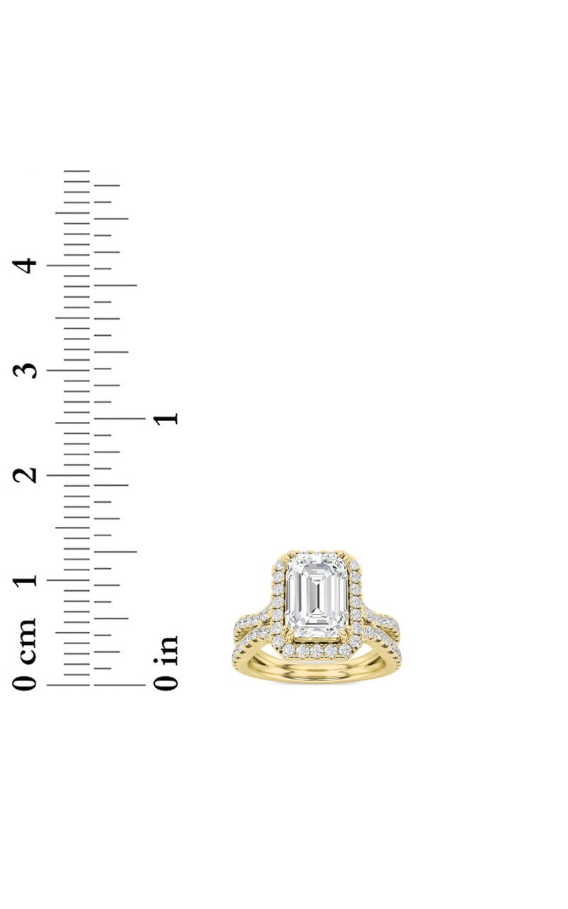 4CTW Emerald Shaped Lab Grown Diamond (F/VS) Split Shank Halo Engagement Ring in 14K Gold